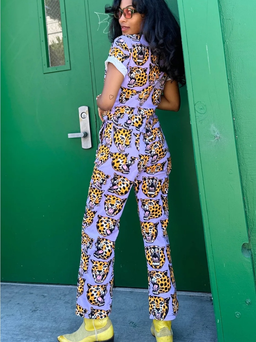 Nooworks Lilac will Jumpsuit with Yellow cheetah head print - Picture 4 of 7
